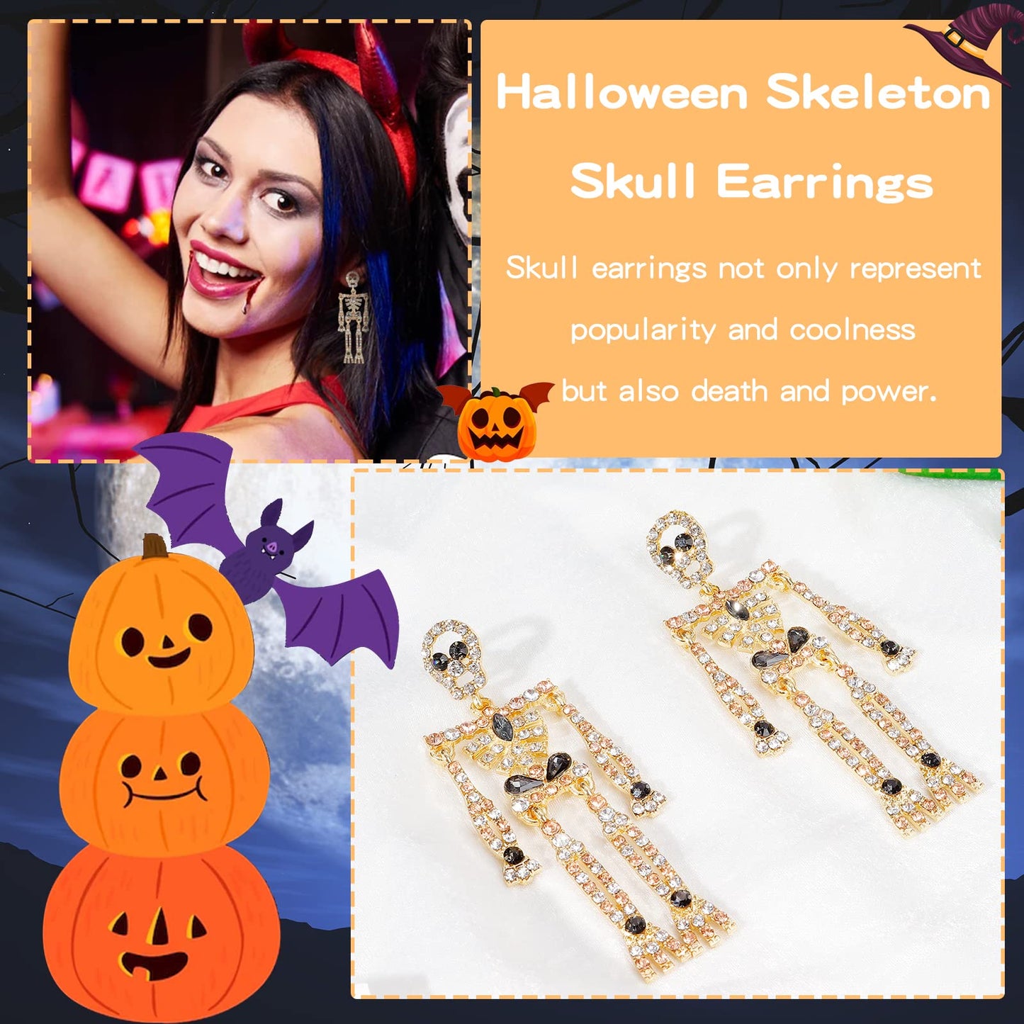 Halloween Earrings Spooky Skull Skeleton Dangle Earrings for Women Bling Rhinestone Crystal Punk Gothic Jewelry Halloween Accessories Gifts