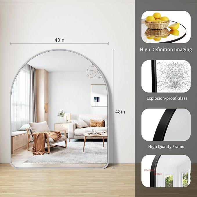 FORBATH Large Arched Wall Mirror 48x40 Inch, Silver Arch Bathroom Mirror with Aluminum Frame, Arched Mirror for Dresser, Fireplace,Entryway,Home Decor,Hanging or Leaning Against Wall