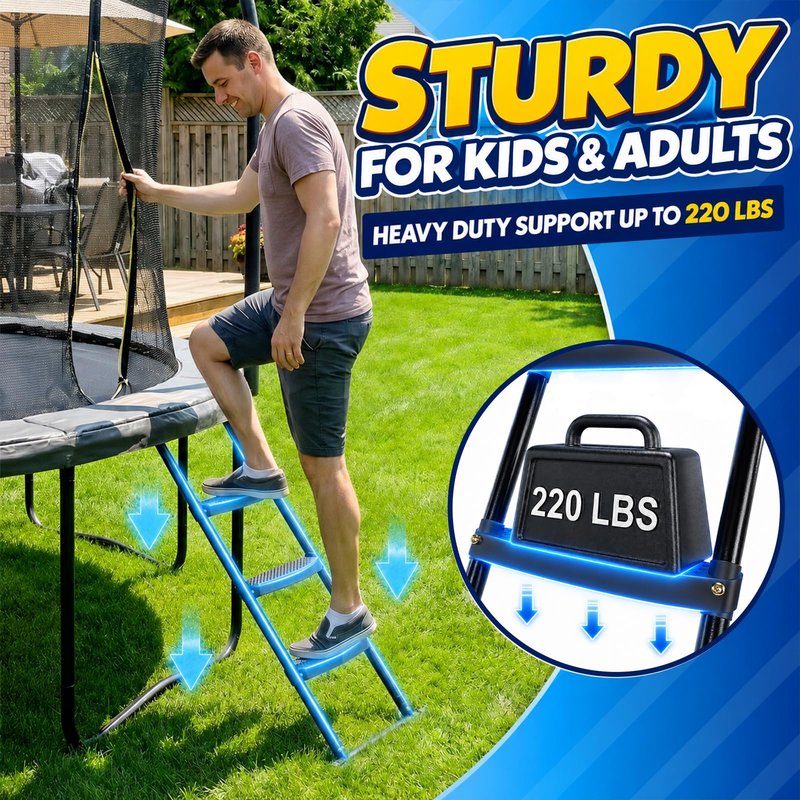 Gardenature Trampoline Ladder 3 Step with Wide Flat Steps, Universal Trampoline Stairs for Kids, Rust-Resistant Heavy Duty Trampoline Accessories for 10 12 14 16 FT Round & Rectangle Frames, Black