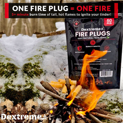 Dextreme Fire Plugs (50) Waterproof Fire Starter for Campfires, Emergencies, Survival, Fire Pits, Grills | 5+ Minute Burn | All Natural | Made in North America