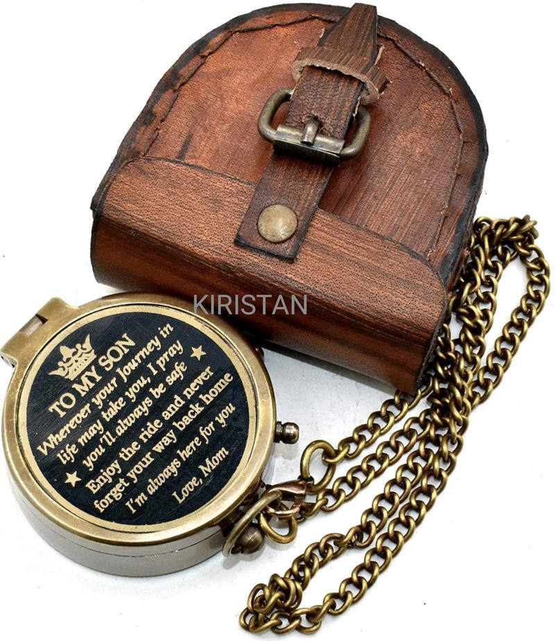 Antique Brass 2 Inch Compass | to My Son I'm Always here for You | Engraved Pocket Chain Compass with Leather Case for Love Mom to Son Antique Compass, Birthday Gift, Graduation Gift