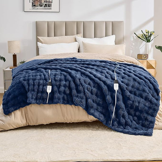 Heated Blanket Electric Throw Blanket 84''X 90''-Heating Blanket with 6 Heat Settings-10 Hours Auto Off,Cozy Faux Rabbit Fur Bubble Electric Blanket,Navy Blue