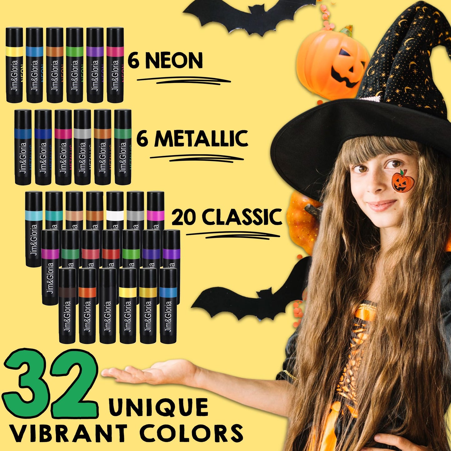 Jim&Gloria Water Based Face Paint Sticks Bulk 32 Professional Face Painting Kit for Kids Party, Metallic, Neon, Classic Facepaint Crayons, Washable Body Paint Adults Cosplay, Clown, Halloween Makeup