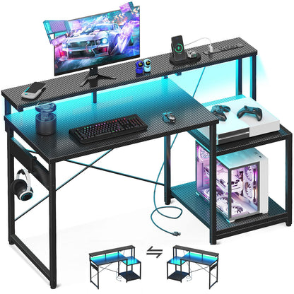 AODK Computer Desk, 48 Inch Gaming Desk with Led Lights & Power Outlet, Office Desk with Printer Storage Shelves, Reversible Desk with Monitor Shelf & Headphone Hook, Carbon Fiber Black