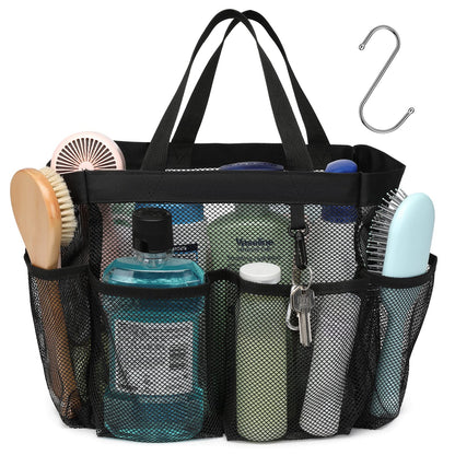 F-color Mesh Shower Caddy Portable, Upgrade Deeper 7 Pockets Shower Bag Basket Tote for College Dorm Room Toiletry Bathroom Essentials Gym Camp Quick Dry 2 handles with S Hook, Black