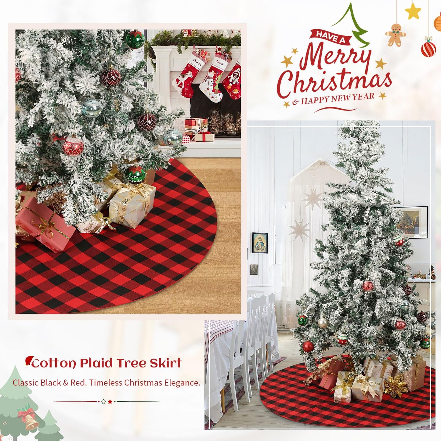 Christmas Tree Skirt Red Black Buffalo Plaid Tree Skirt Small 24 inch Cotton Linen Fabric for Fall Farmhouse Thanksgiving Xmas Holiday Check Tree Skirts Decorations