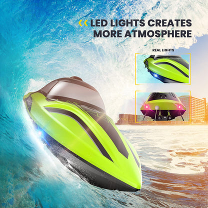 DEERC RC Boat with LED Light, 30+ Mins, Self Righting Remote Control Boat for Pools & Lakes, 20+ MPH, 2.4GHz Racing Boats, 2 Battery, Pool Toys for Kids, Radio Controlled Watercraft