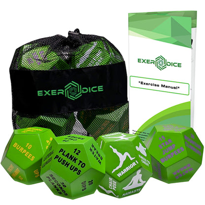 4-Pack Exercise Dice Bundle with Fitness Manual & Bag | Perfect for HIIT, Cardio, Yoga, Stretching, Strength Training, Sports, Crossfit, Plyometrics, Body Weight, Group Class, All Ages, WOD