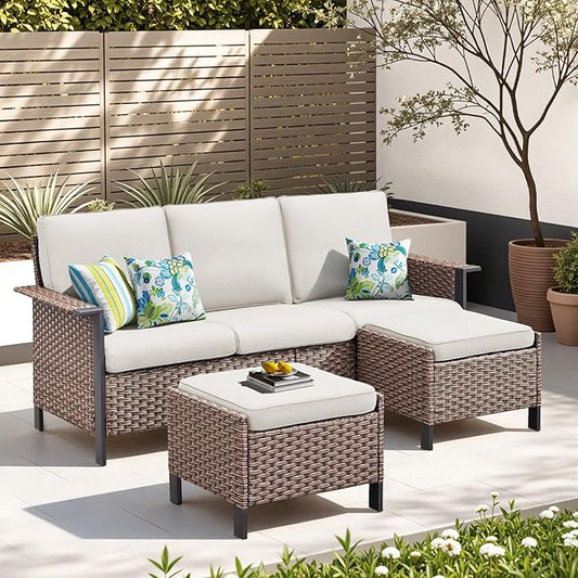 3 Pieces Patio Furniture Sofa Set-Outdoor Wicker Patio Furniture Covered Couch with Multifunctional Ottoman and High Back Outdoor Patio Conversation Set for Backyard Porch Garden Brown/Beige