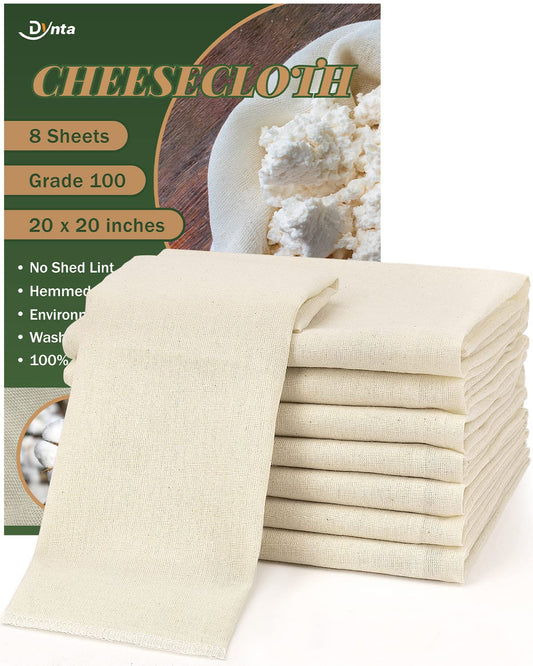 Cheesecloth for Straining Grade 100, 8 Pieces Reusable Hemmed Cheesecloth 20 x 20 Inches, 100% Unbleached Cotton Cheese Cloths for Straining, Filtering, Canning, Covering, Polishing and Decoration