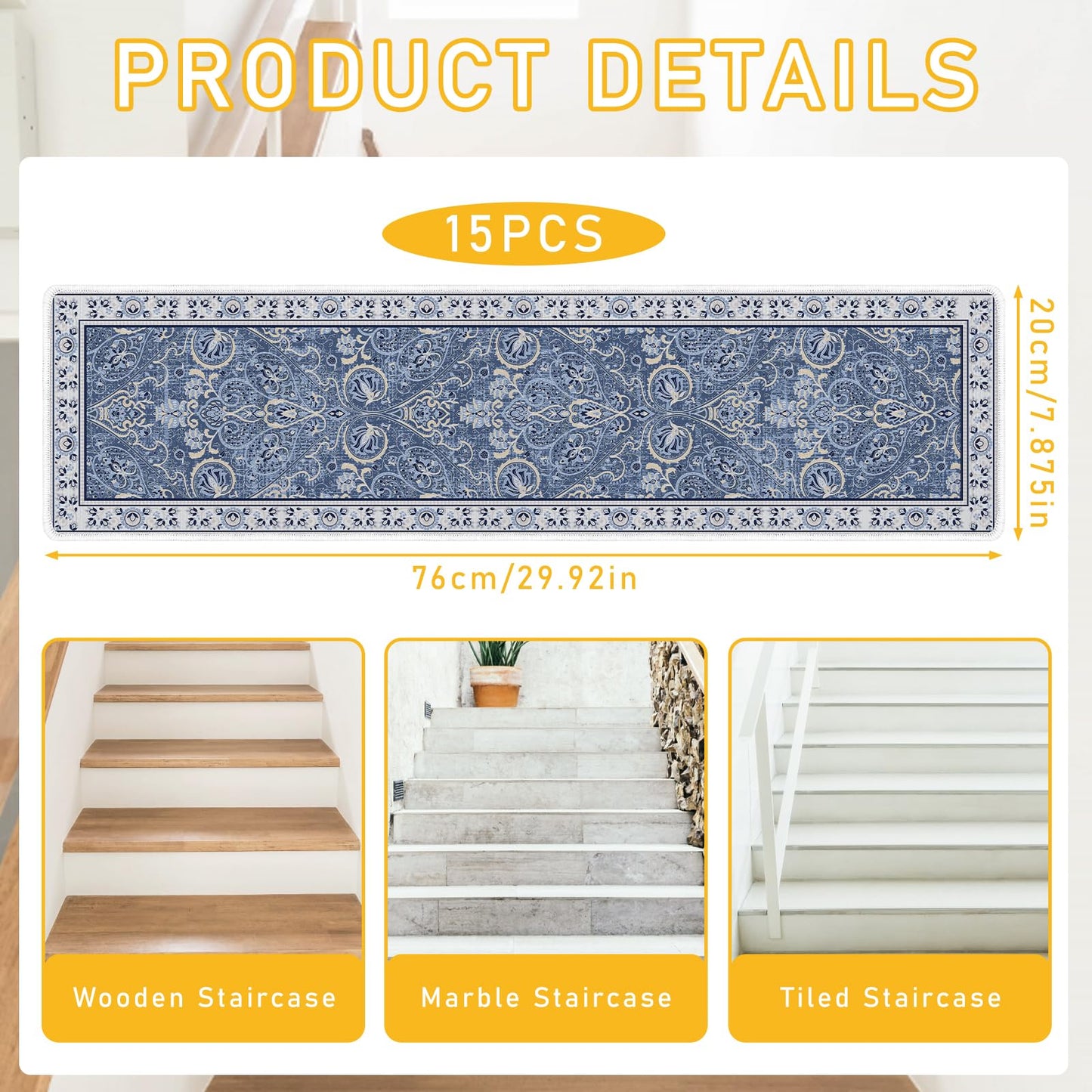 InIsaJace Stair Runner Non Slip 15 Pack, Stair Treads for Wooden Steps 8" X 30" Stain Resistant, Washable Stair Carpet Rug with Silicone Backing for Kids Elders and Dogs