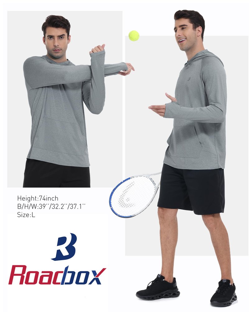 Roadbox UPF 50+ Mens Sun Hoodie, Long Sleeve UV Protection Fishing Shirt with Pocket, Outdoor Running Athletic Rash Guard