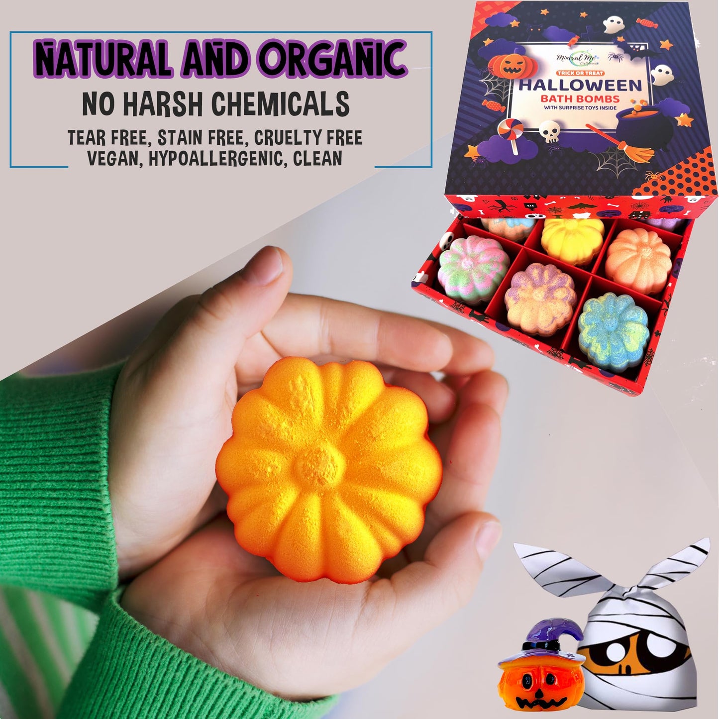 Bath Bombs for Kids with Surprise Toys Inside - Set of 9 Organic Halloween Bath Bombs, Gentle and Safe - Fizzy Balls with Rainbow Bubbles, Halloween Gifts for Kids