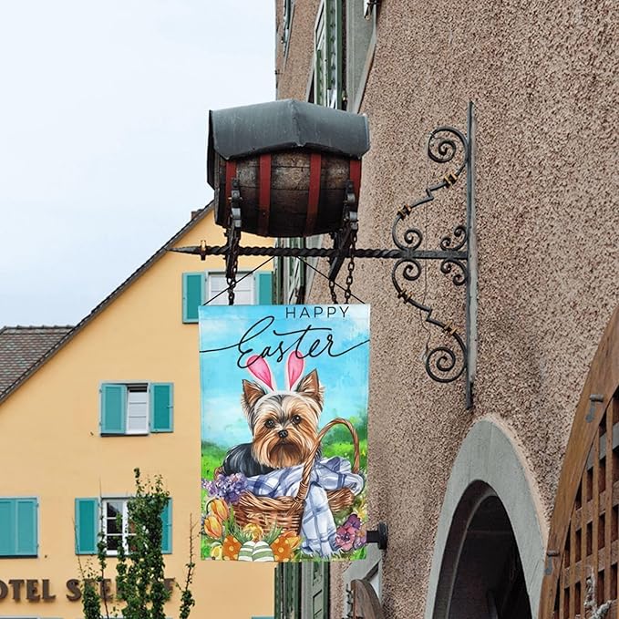 Yorkshire Terrier Happy Easter Flower Bunny Cute Egg Garden Flag Welcome Party Outdoor Outside Decorations Picks Home House Garden Yard Decor 12x18 Inch