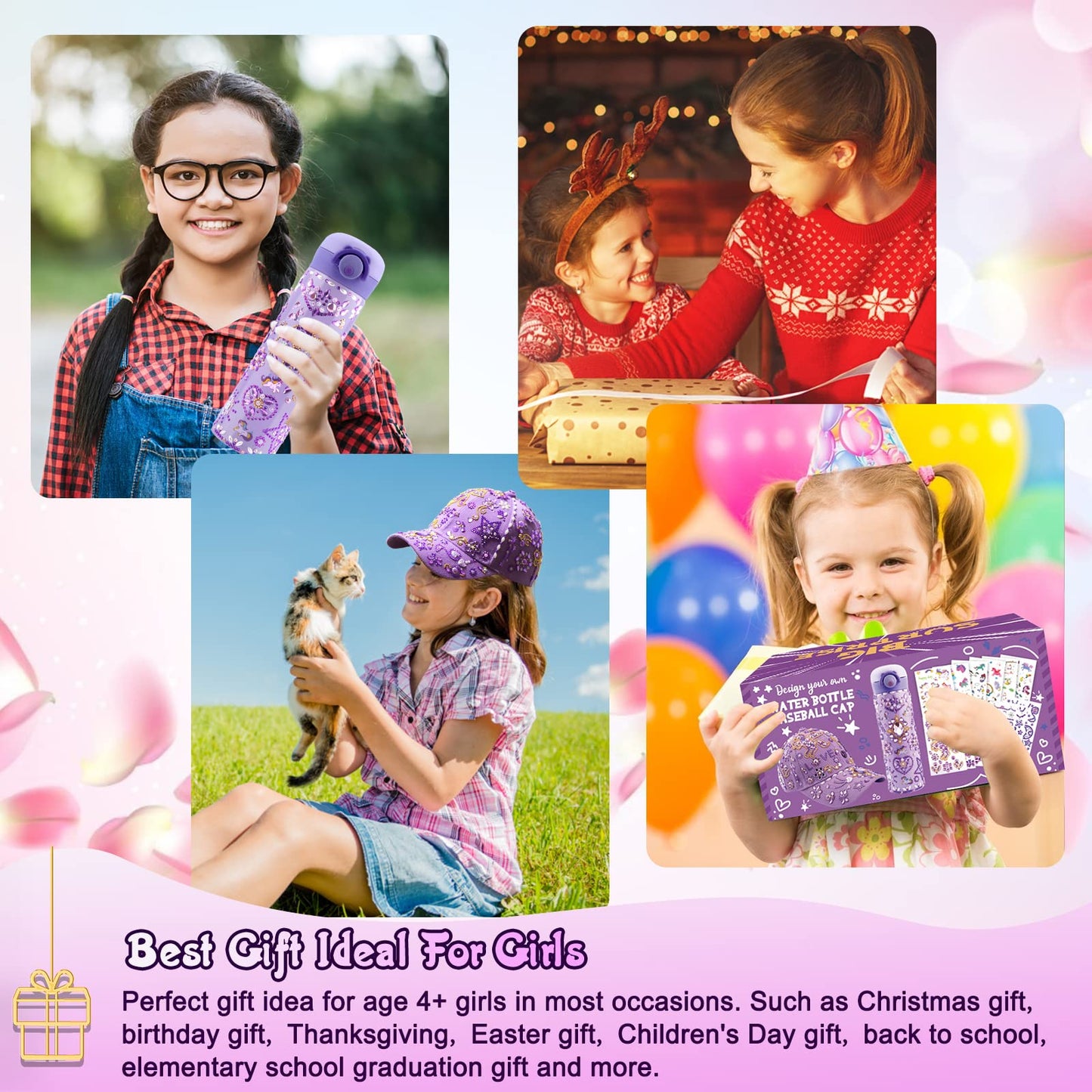 Gifts for Girls Age 4-12, Birthday Gifts Presents for Girls 5 6 7 8 9 10 11 Year Old, Back to School DIY Water Bottle and Baseball Cap Toys for Girl Craft Kit, Decorate Your Own Water Bottle Kids