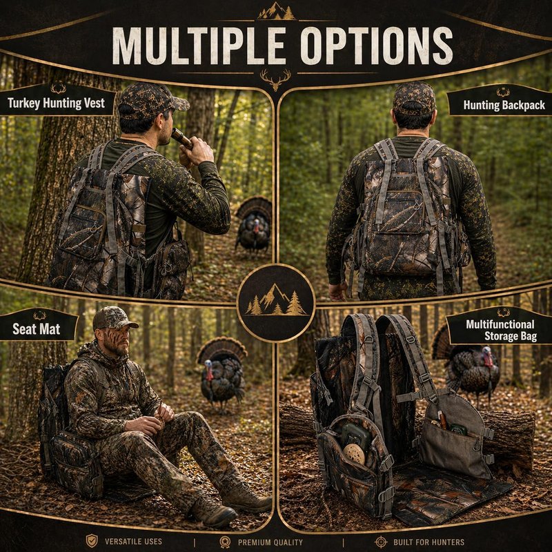 Turkey Hunting Vest with Detachable Flip-Down Seat Mat - Camouflage Game Pouch for Men & Women