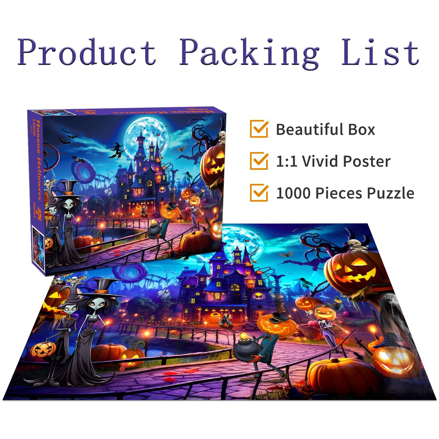 Horror Halloween Jigsaw Puzzles for Adults 1000 Pieces, Interlock Perfectly Letter on Back, Home Decor Birthday Party Puzzle Gift, Halloween Puzzle 1:1 Poster Jigsaw Puzzles for Adults