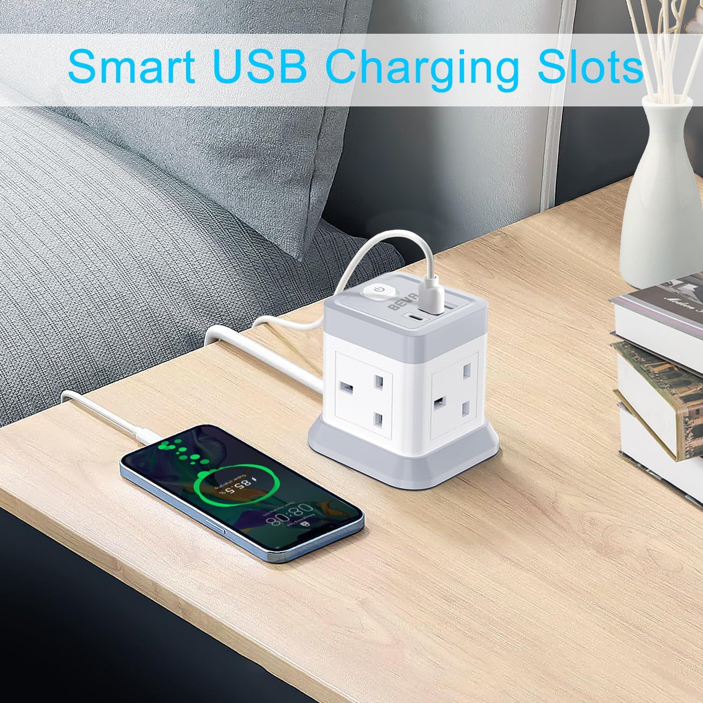 3M Extension Lead Cube With USB, BEVA 4 Gang Extension Socket With 3 USB Ports, Power Strip With Switch Multi Plug Extension with 3 Metre Long Cable For Home Office Travel