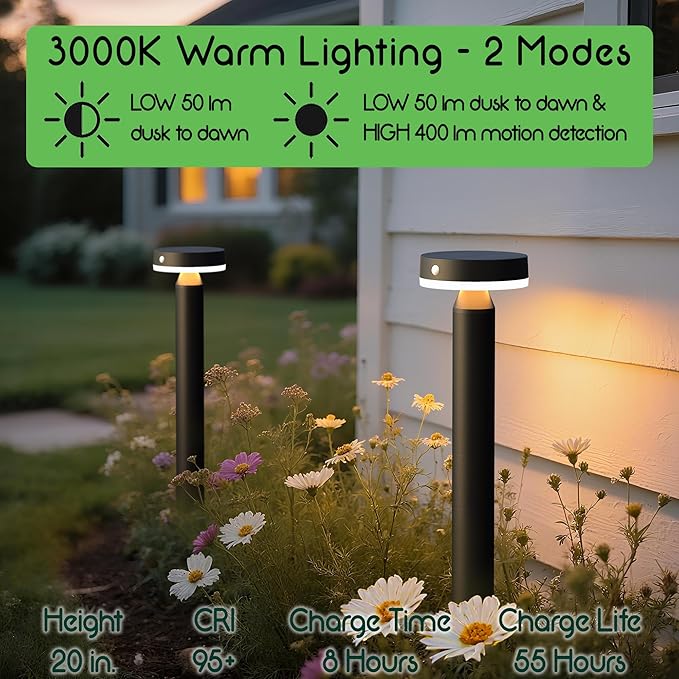 20" Solar Landscape Lights - Outdoor Solar Lights for Yard - PIR Sensor & Two Light Modes - 50lm & 400lm - Rechargeable Battery Last Up to 55 Hours - 3000K - IP44 Weather Resistant - 4 Pack