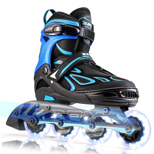 2PM Sports Vinal Boys and Girls Adjustable Flashing Inline Skates, All Wheels Light Up, Fun Illuminating Skates for Kids and Men- Azure Medium(1Y-4Y US)