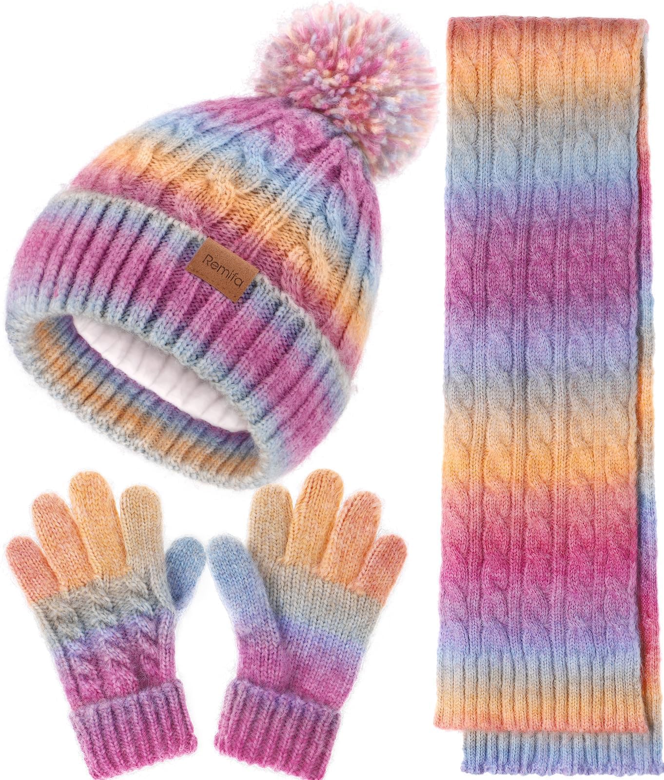Kids Winter Hat Scarf Gloves Set, Girls Boys Toddler 8% Wool Warm Fleece Lined Pom Pom Beanie Hat Knit Neck Scarf Soft Thick Mittens Gloves for Cold Weather 3 In 1 Birthday Christmas Gift for Children