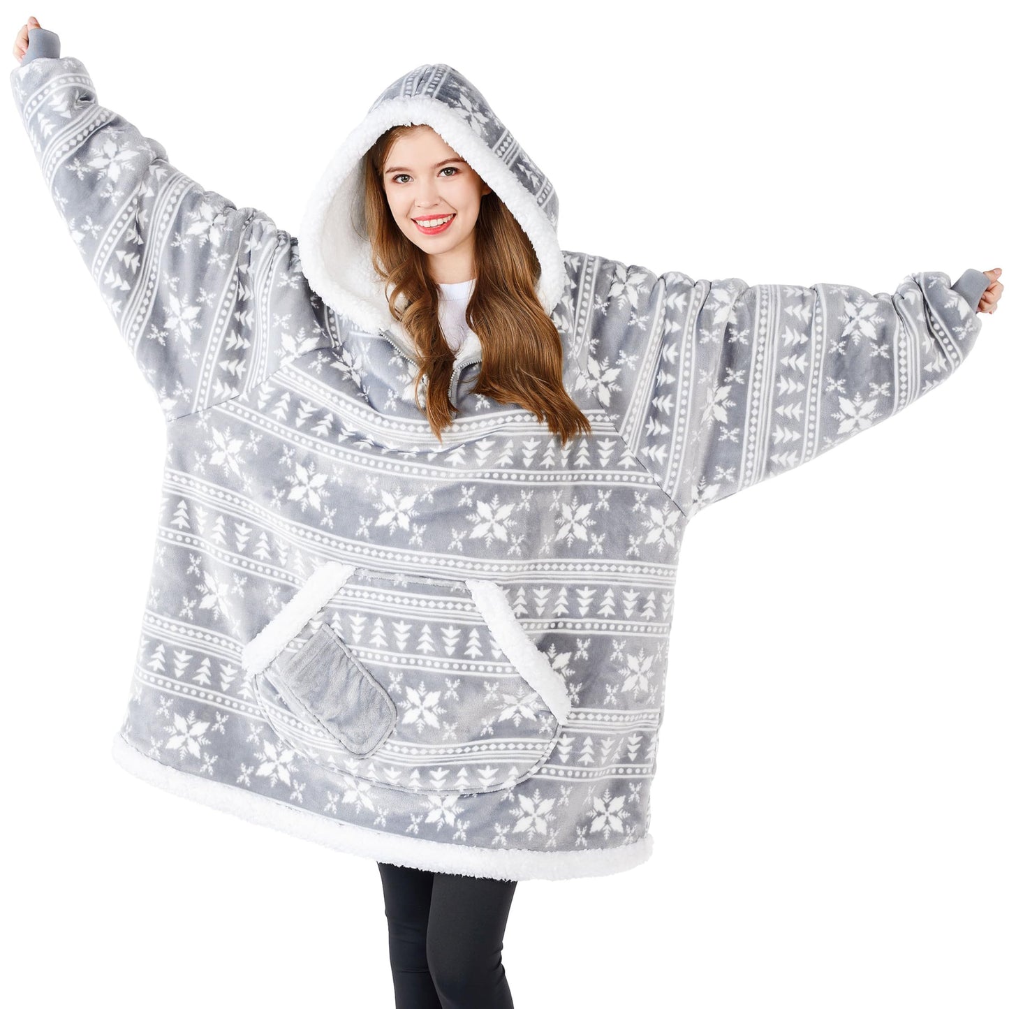 Giggling Getup Wearable Blanket Hoodie for Adults Gifts for Teen Girls Sister Women Sherpa Fleece Printed Hooded Blanket Sweatshirt Warm Cozy with Pocket & Sleeves Grey Snowflake