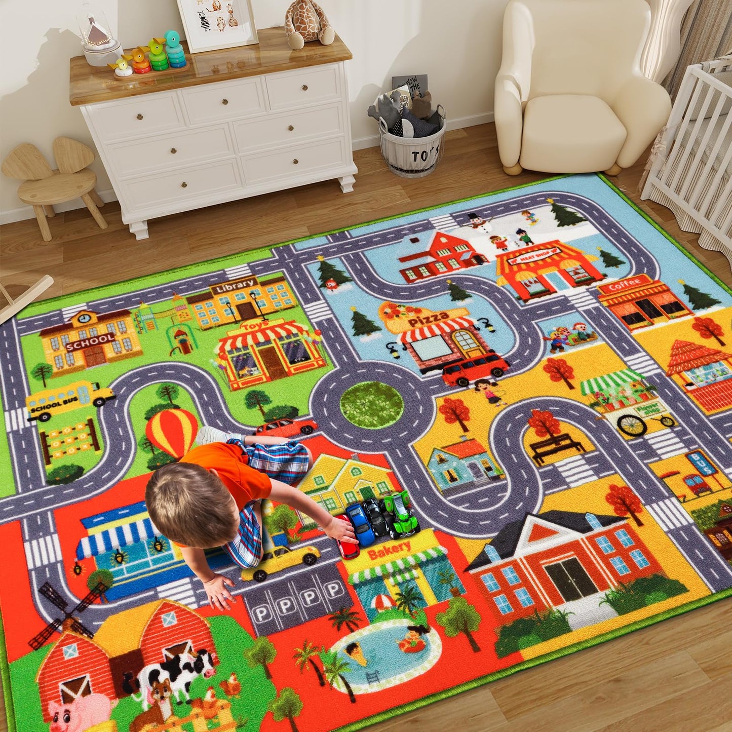 Car Rugs for Kids Toy Cars, Non-Slip Traffic Road Rug for Playroom, City Map Race Track Carpet Washable Kids Rug for Boys Bedroom Classroom (59X39.4 INCH, Four Season)