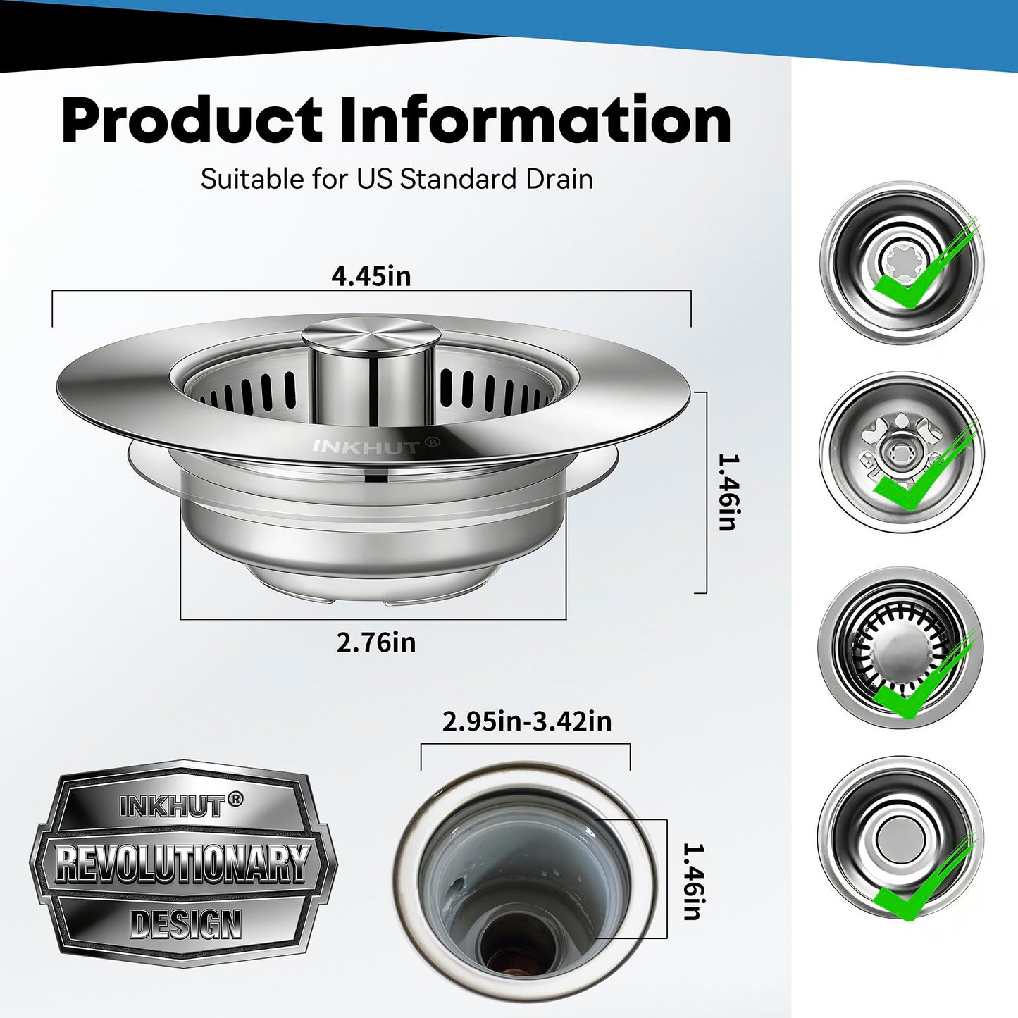 Upgraded 3 in 1 Kitchen Sink Drain Strainer - Stainless Steel Sink Stopper, Anti-Clogging Food Catcher Basket, Sink Bounce Core Drain Strainer Plug for US Standard 3 1/2 inch Drain (Mirror Silver)