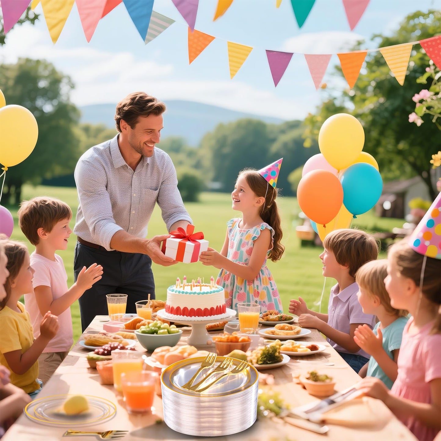 DaYammi 240Pcs Appetizer Plates Include 120Pcs Gold Dessert Plates 6.3inch with 120Pcs Gold Plastic Forks 5.7inch,Clear gold plates Disposable Salad Plate for Party Cake Plate for Wedding