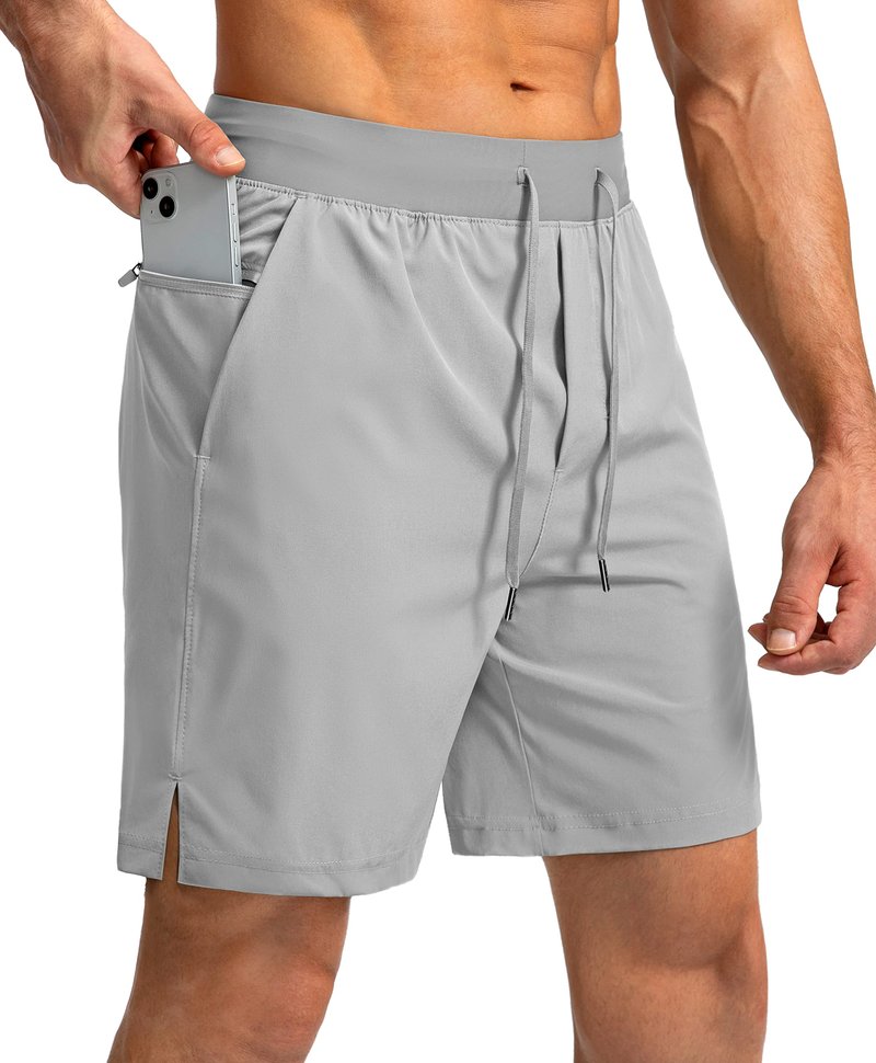 Soothfeel Men's Running Shorts with Zipper Pockets 7 Inch Lightweight Quick Dry Gym Athletic Workout Shorts for Men (Light Grey, XL)