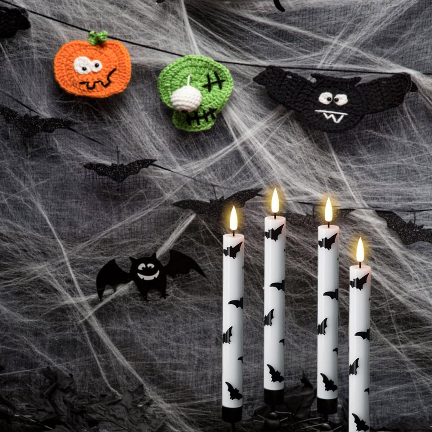GenSwin Halloween Flameless Taper Candles, 4 Pack LED Taper Candles Battery Operated with Remote Timer, Real Wax White Flickering Flameless Candlesticks with Bat Prints for Spooky Decor(0.75” x 9.65”)