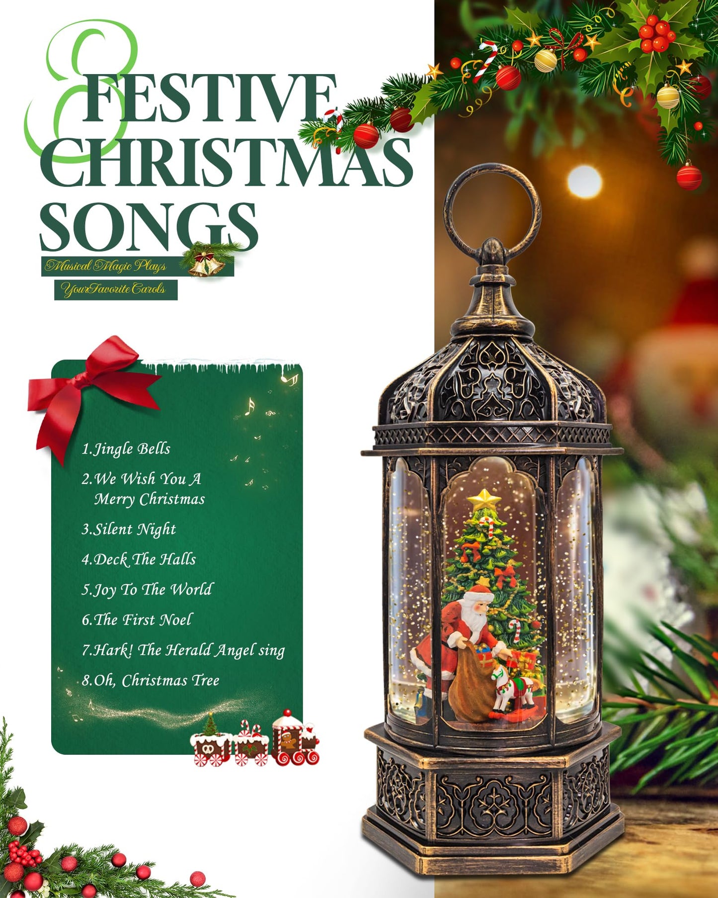Large Musical Christmas Snow Globes Lantern, 13" Lighted Electric Snowglobes with 8 Holiday Songs, 6H Timer Dual Power, Santa with Gifts Christmas Ornaments Snow Globe for Kids Adults, Gifts Men Women