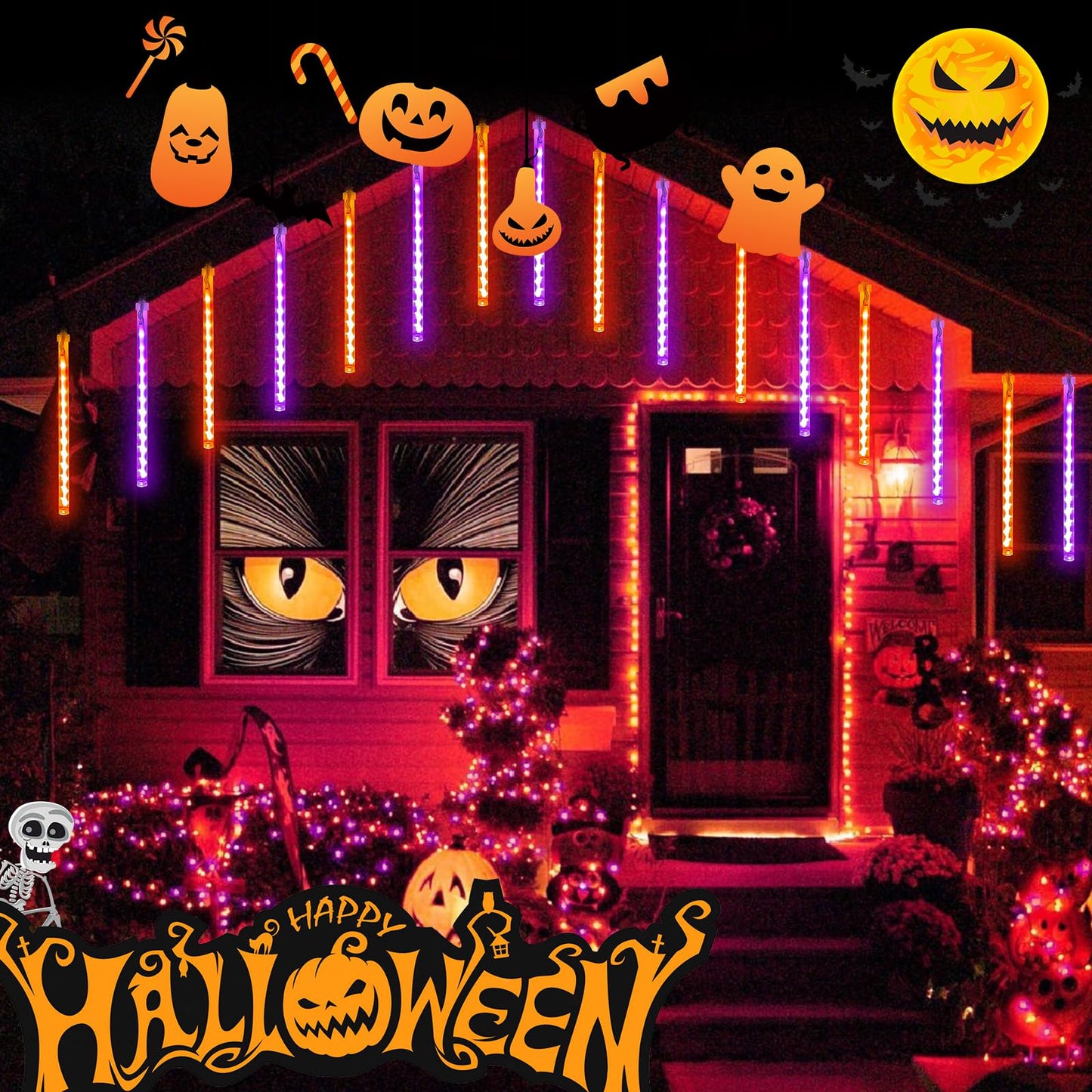 Halloween Lights Outdoor, 2 Pack Extendable Meteor Shower Lights Outdoor Waterproof with Timer, Total 384 LED 30cm 16 Tubes Cascading String Light Plug in for Halloween Yard Party (Orange and Purple)