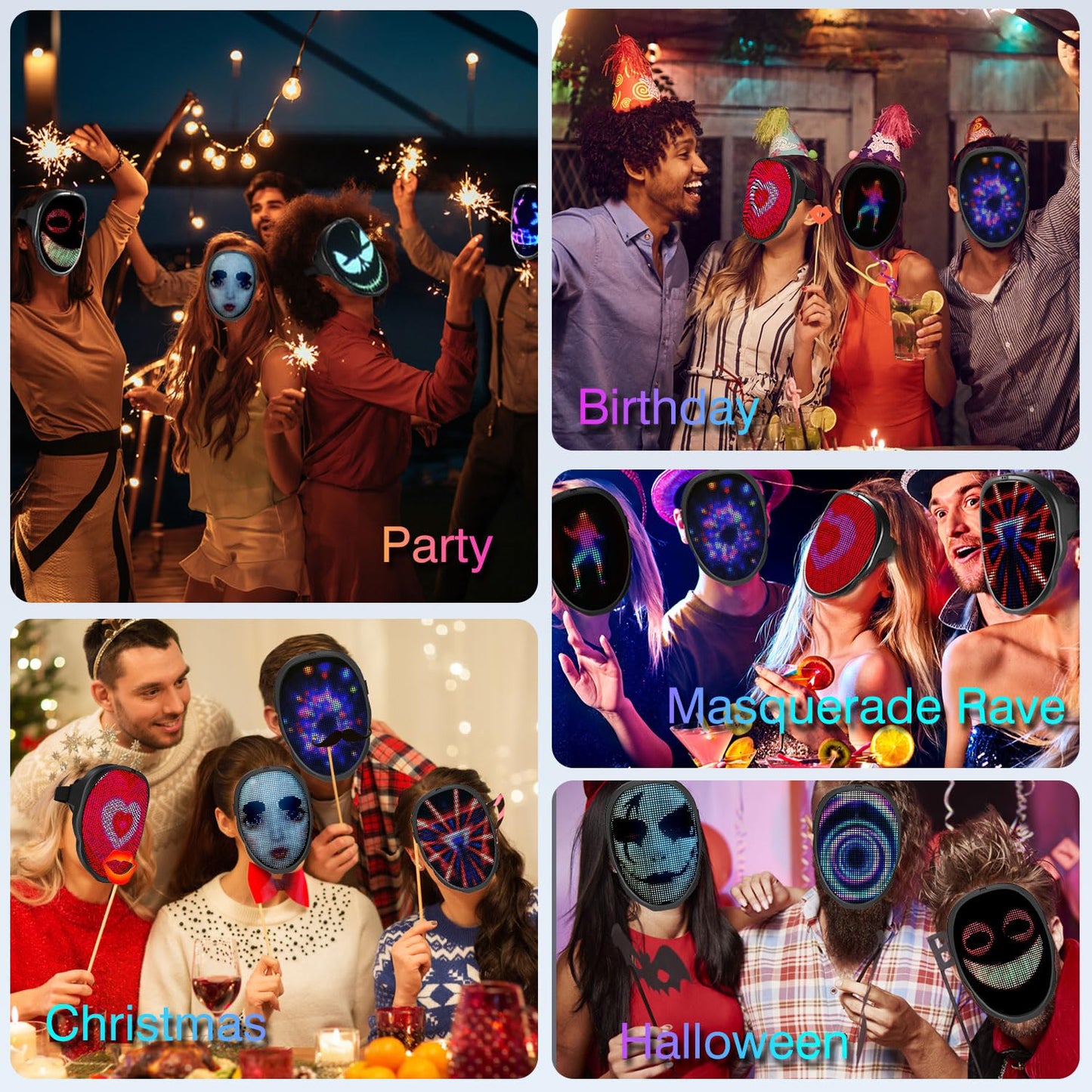 MEGOO Led Mask with Bluetooth Programmable App,Shining Led Light Up Face Mask for Adult Kid Halloween Masquerade Party (USB Recharge)