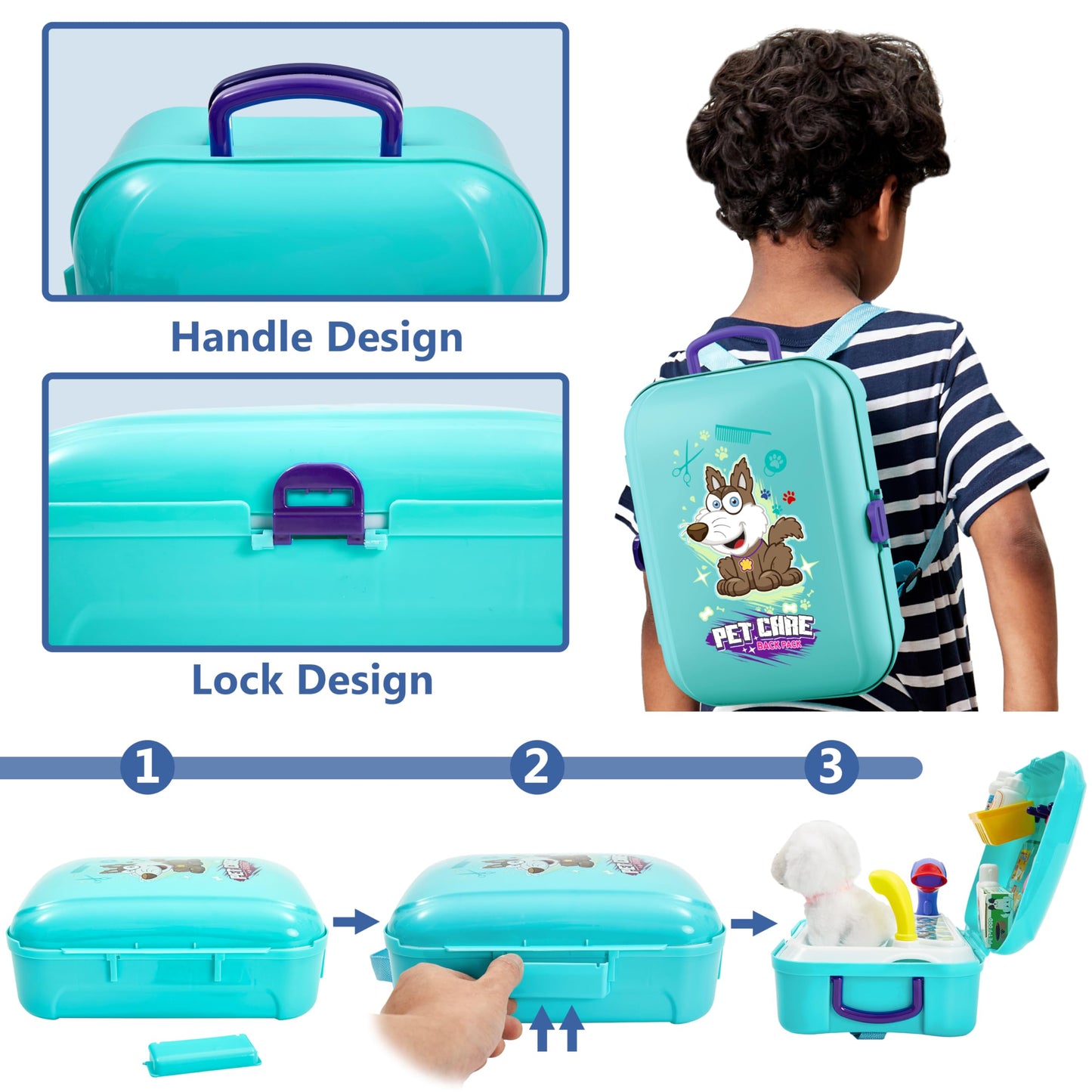 HERSITY Vet Toy Pet Care Kit Role Play Set Grooming Feeding Dog Games Backpack Toys for Kids 3 4 5 Years Old Girls Boys