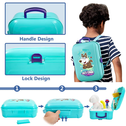 HERSITY Vet Toy Pet Care Kit Role Play Set Grooming Feeding Dog Games Backpack Toys for Kids 3 4 5 Years Old Girls Boys