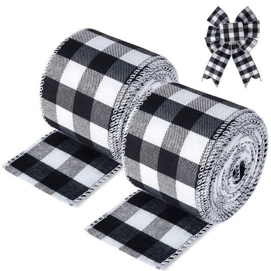 19.6 Yard 2.5 inch Wide Buffalo Plaid Ribbons Wired Edges, 2 Rolls Black and White Checkered Ribbon for Christmas Tree Gift Decorations
