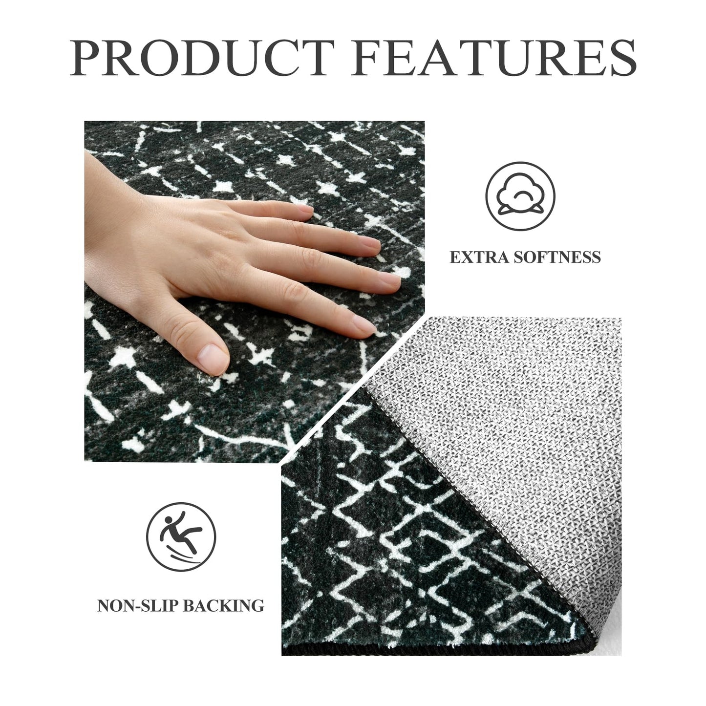 Lahome Moroccan Black Rug 2x8 Washable Non-Skid Kitchen Floor Runner, Low-Profile, Non Slip, Geometric Print Distressed Entryway Runner for Hallways, Laundry Room, Foyer Hana