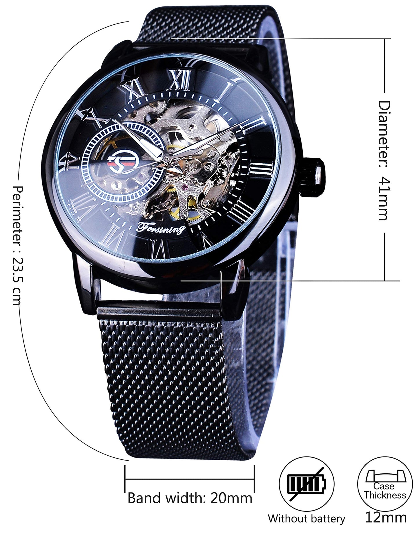 FORSINING Black Mechanical Watch for Men Minimalist Retro Design Staempunk Mechanical Skeleton Wrist Watch Transparent Business Mesh Band Watch
