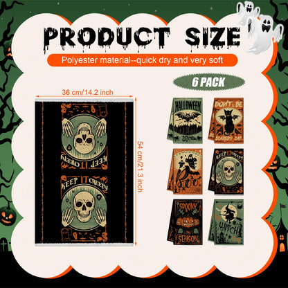 Ganeen 6 Pcs Halloween Kitchen Hand Towels Trick or Treat Towels Spooky Cat Bat Dish Holiday Tea Set Bathroom Decorative 14.2 x 21.3 Inch for Hand Bathroom Guest Holiday, Novel