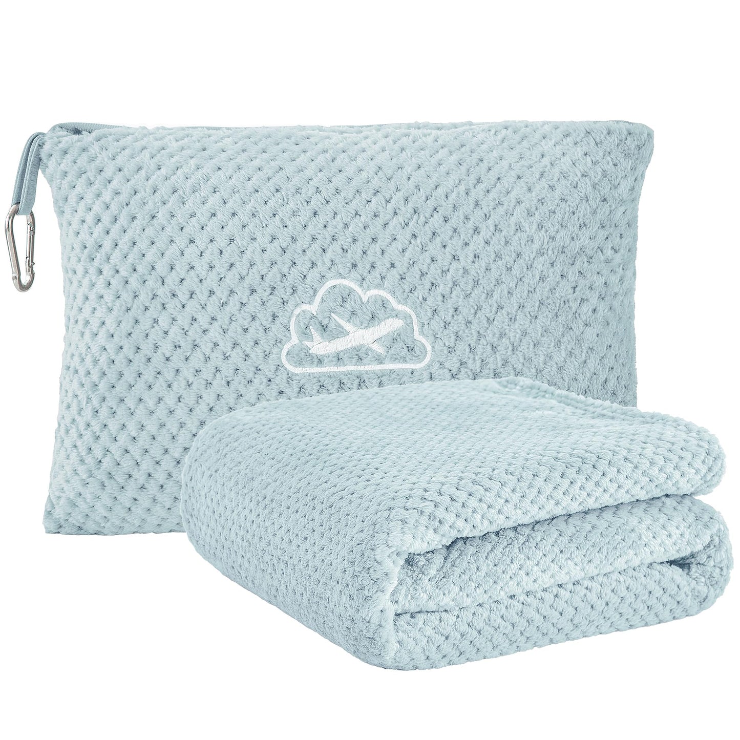 BEDELITE Travel Blanket and Pillow Set 2-in-1, Ultra-Soft Jacquard Fleece Blanket with Bag, Airplane Blanket with Luggage Sleeve & Backpack Clip Travel Essentials, Blue