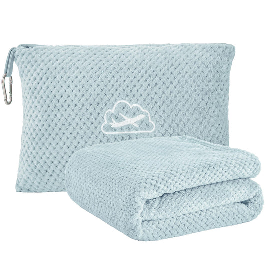 BEDELITE Travel Blanket and Pillow Set 2-in-1, Ultra-Soft Jacquard Fleece Blanket with Bag, Airplane Blanket with Luggage Sleeve & Backpack Clip Travel Essentials, Blue