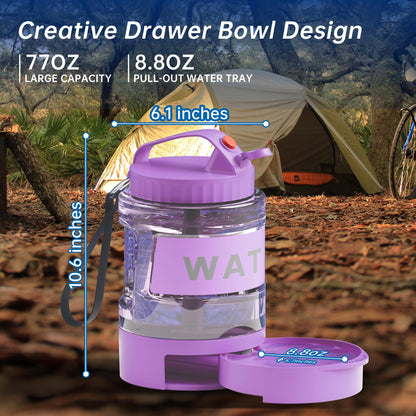 77oz Dog Water Bottle with Dispenser Bowl, 2200ml Capacity, Purple, Portable Pet Travel Bottle with Strap