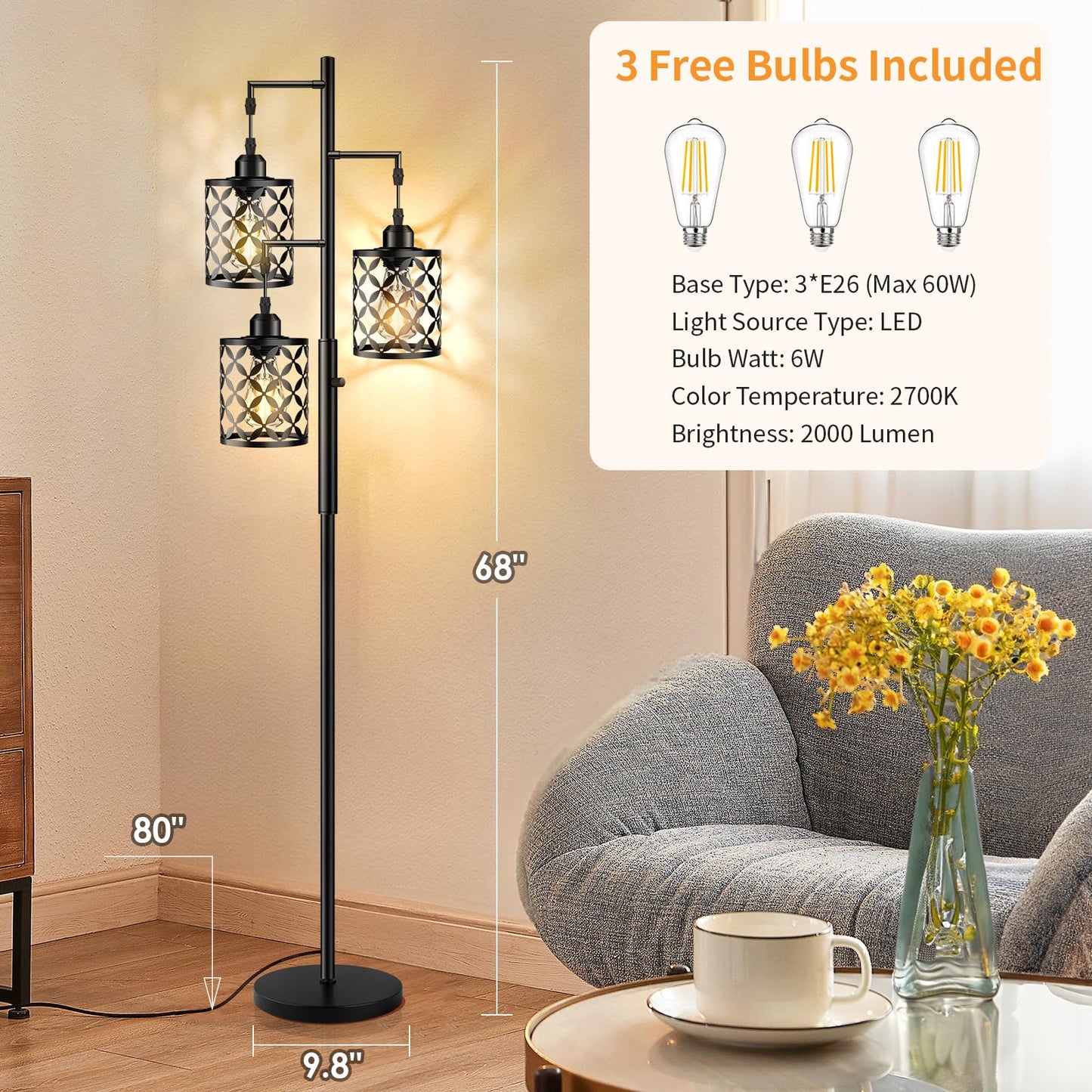GHOOCEMLUX 68" Dimmable Floor Lamp, Farmhouse Standing Lamp with Elegant Metal Cage, Industrial Tall Tree Floor Lamps for Living Room, Bedroom, Study Room, Office (2000LM LED Bulbs Included) - Black