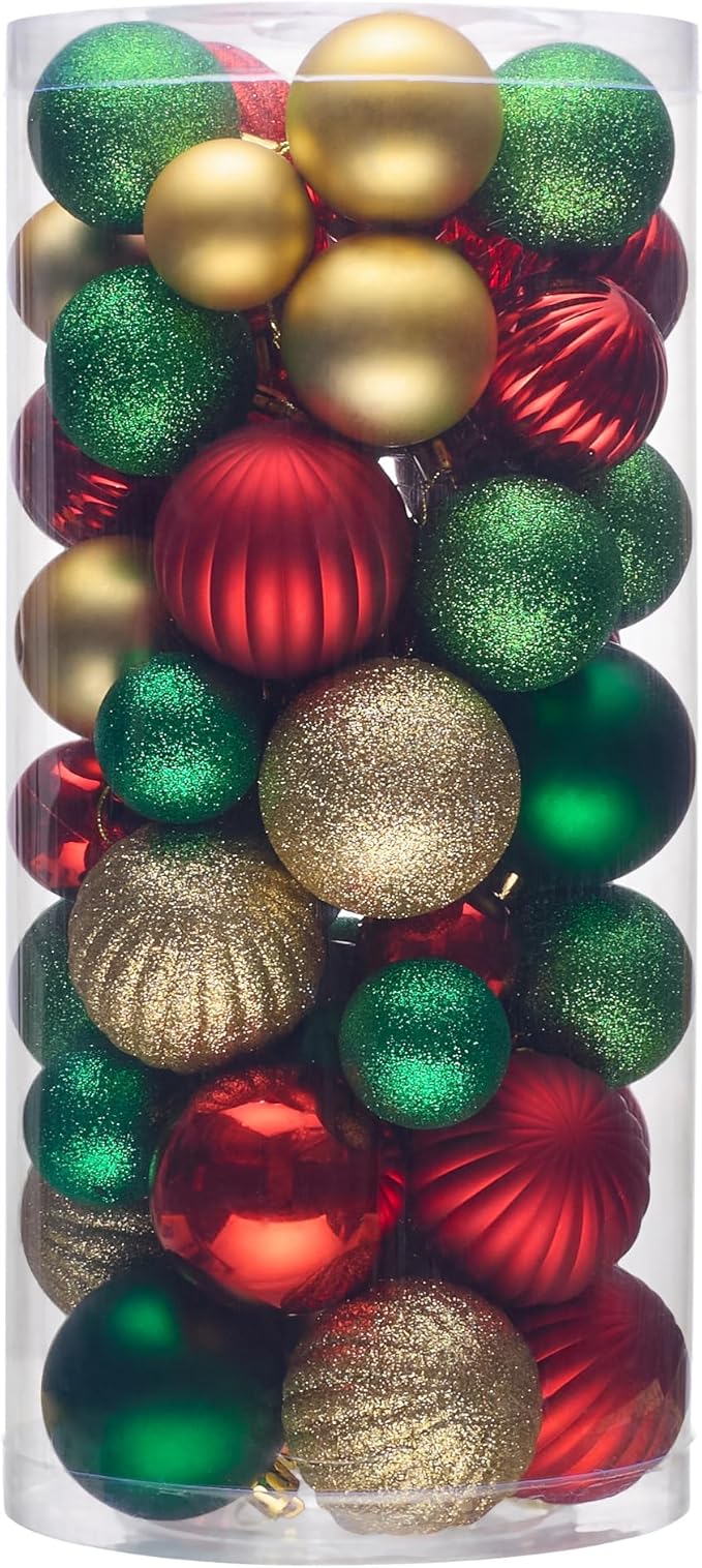 Christmas Tree Decorations Ornament Set, 50ct Red Green and Gold Shatterproof Christmas Ball Ornaments Hanging Xmas Holiday Party Decor(1.57"-2.36")