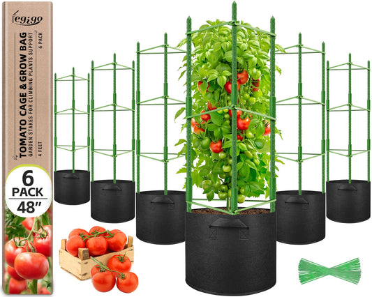 Legigo 6 Pack Tomato Cages with 10 Gallon Grow Bags- 48inch Tomato Trellis Plant Support Stakes Planter, Tomato Plant Cages Garden Trellis for Vertical Climbing Plants Vegetables Flowers Fruits