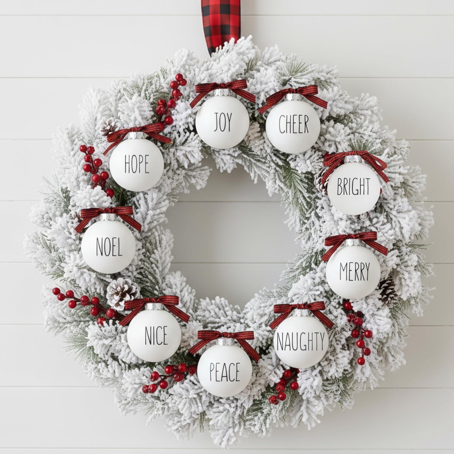Buffalo Plaid Christmas Tree Ornaments - Set of 9 Shatterproof Bulbs - Farmhouse Word Ornaments - Compatible with Rae Dunn Rustic Decorations - Matte White Bulbs with Red & Black Buffalo Check Bows