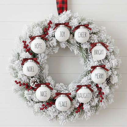 Buffalo Plaid Christmas Tree Ornaments - Set of 9 Shatterproof Bulbs - Farmhouse Word Ornaments - Compatible with Rae Dunn Rustic Decorations - Matte White Bulbs with Red & Black Buffalo Check Bows