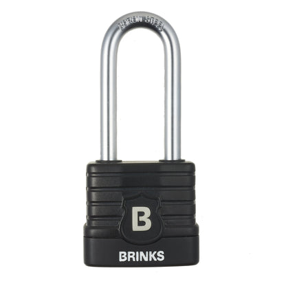 BRINKS - 44mm Commercial Laminated Steel Weather Resistant Padlock with 2 3/8” Shackle - TPE Wrapped and Hardened Boron Steel Shackle