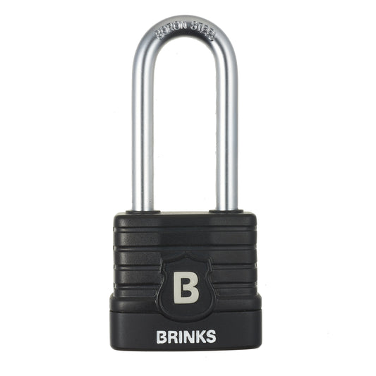 BRINKS - 44mm Commercial Laminated Steel Weather Resistant Padlock with 2 3/8” Shackle - TPE Wrapped and Hardened Boron Steel Shackle